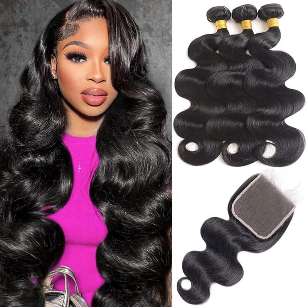 Body Wave Human Hair Bundles with Closure 20-24 Inches Brazilian Virgin